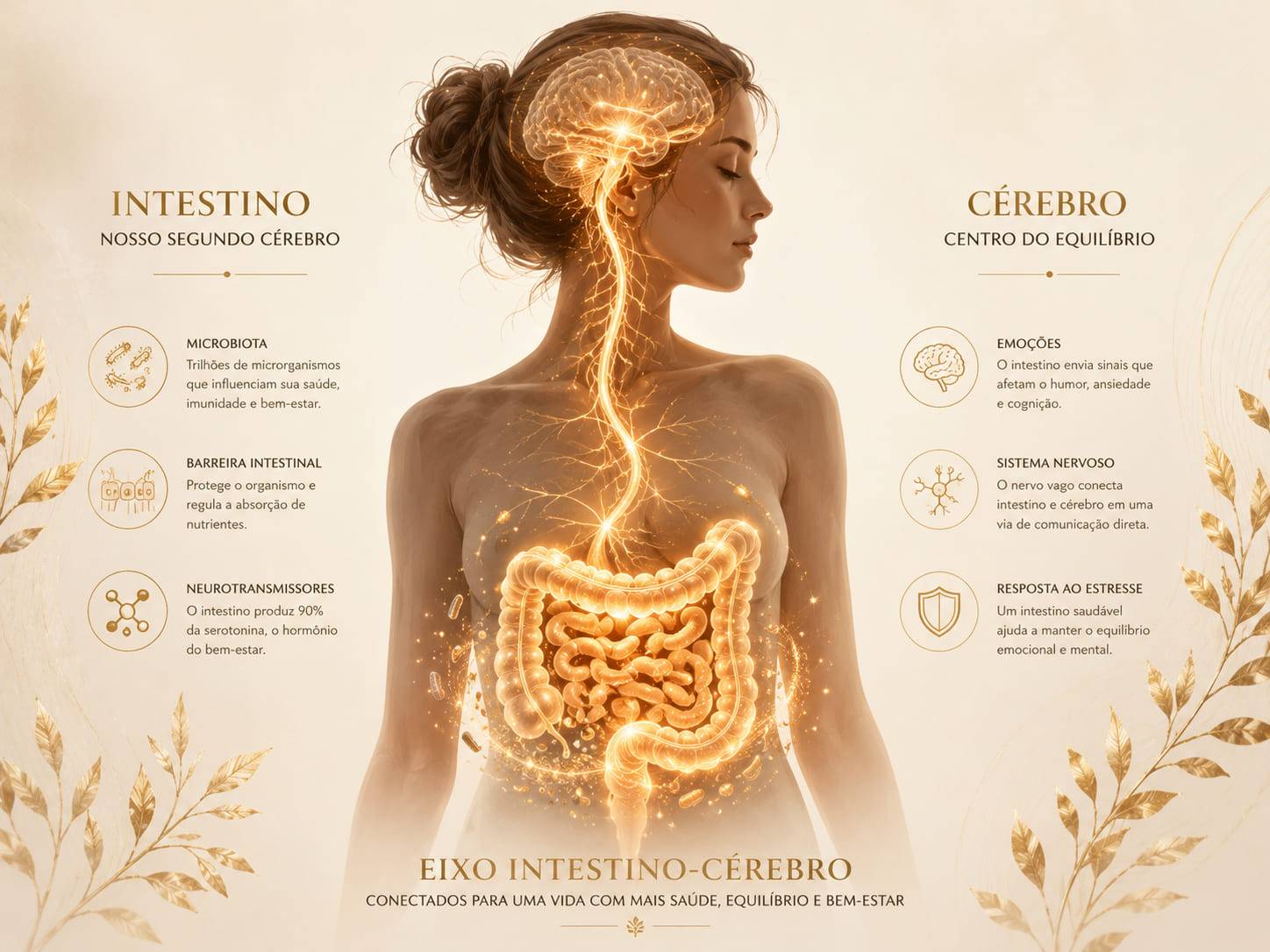 Ilustração do eixo intestino-cérebro e da saúde celular